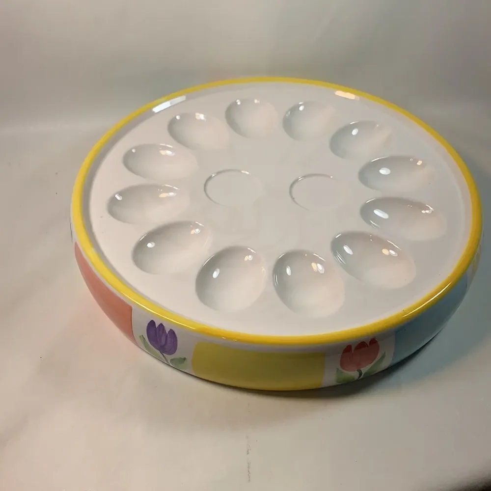 Easter Bunny Devil Egg Serving Tray Spring Flower Vintage Holiday Yellow Purple